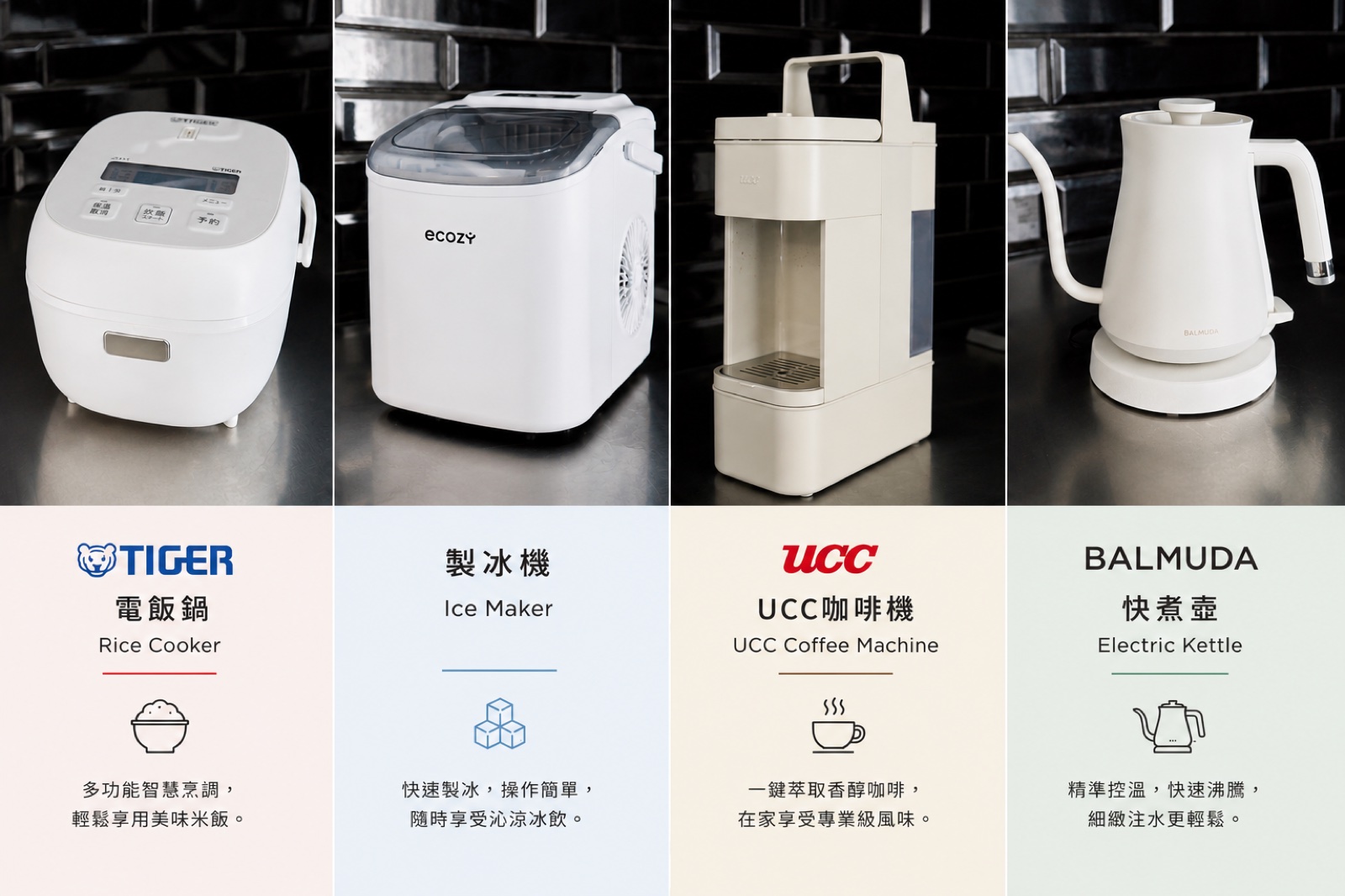 廚房配備：TIGER 電飯鍋、製冰機、UCC 咖啡機、BALMUDA 快煮壺